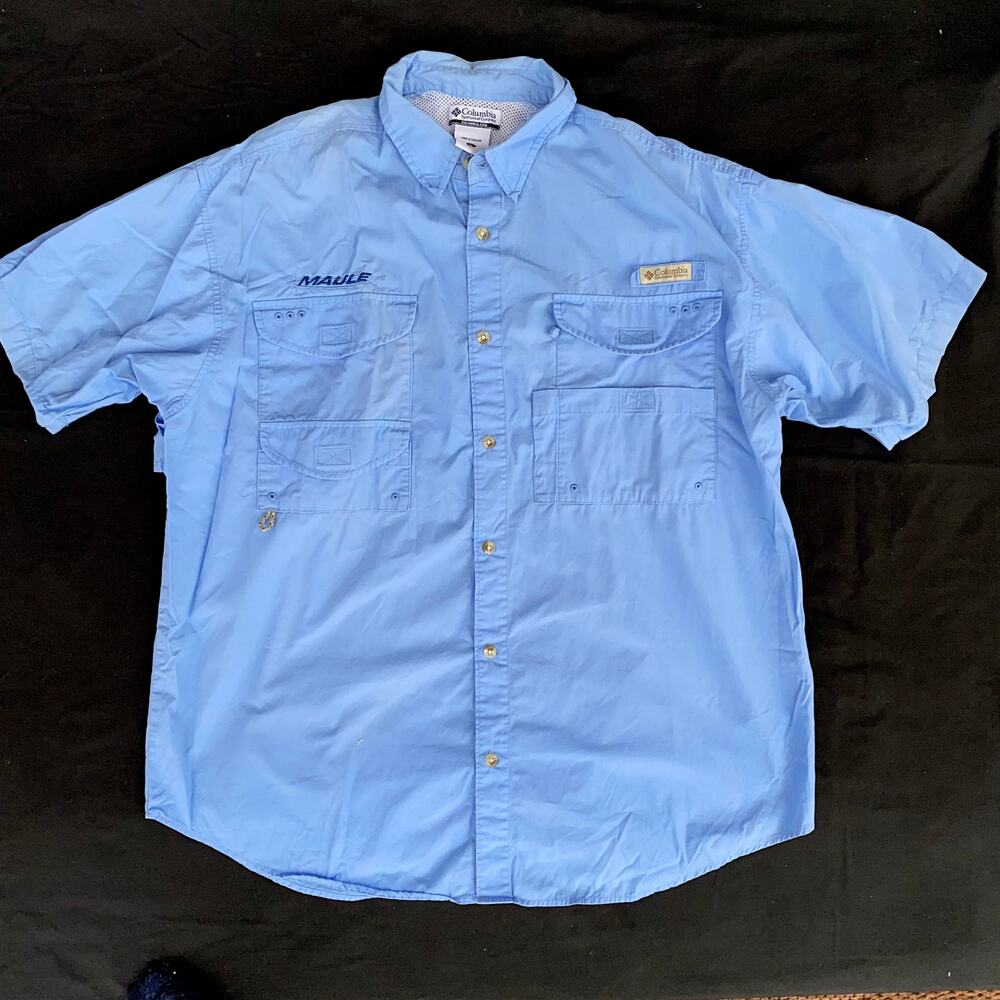 Columbia PFG Men's‎ L Blue S/S B/F Cotton Fishing Shirt w MAULE Logo